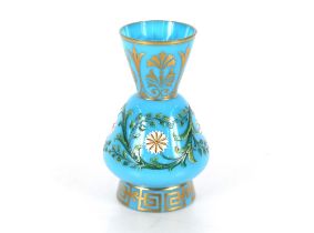 A finely enamelled and gilded turquoise glass aesthetic movement vase, circa 1880, 18.5cm high