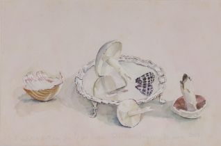 Jasper Rose, study of mushrooms scattered around a silver salver, watercolour with pencil signed
