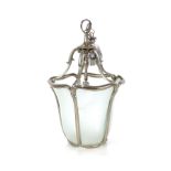 A chrome and opaque glass Victorian design ceiling light, 58cm high overall (one glass panel AF)