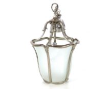 A chrome and opaque glass Victorian design ceiling light, 58cm high overall (one glass panel AF)