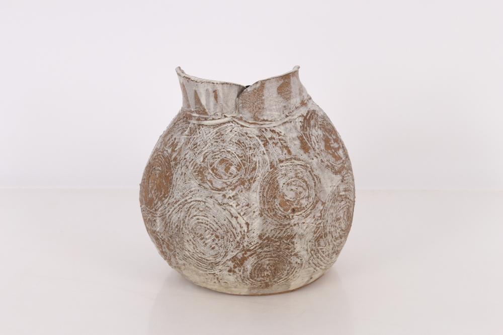 A large Studio pottery vase, with brown glazed swirl decoration and leaf pattern neck, 26cm - Image 2 of 3