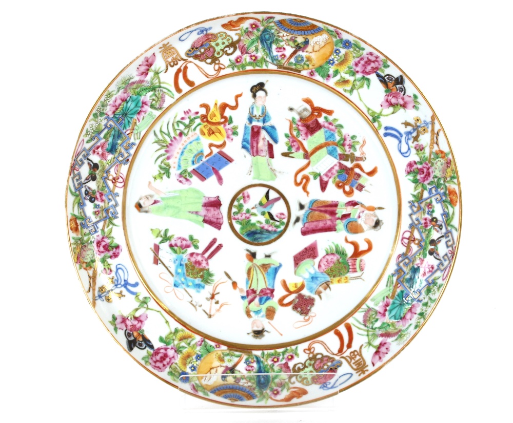 A pair of finely painted 19th Century Chinese porcelain plates, decorated with figures, insects