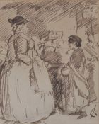 Initial C.K., brown wash study of figures in a 19th Century marketplace, 12cm x 9.5cm