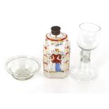 An 18th Century Silesian glass flask, brightly enameled with a lady with wine glass in hand, 14.