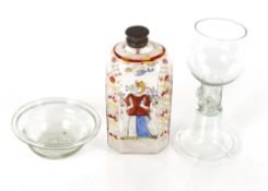 An 18th Century Silesian glass flask, brightly enameled with a lady with wine glass in hand, 14.