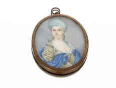 A 19th Century hand painted miniature of a lady in blue and olive coloured dress