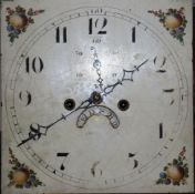 An oak long case clock, the arched hood enclosing a floral painted dial with date and seconds