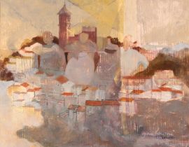 Victoria Gamberoni (20th / 21st Century), abstract study of rooftops and figures, indistinctly