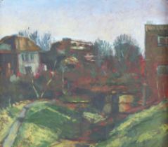 20th Century British school, study of a river path and houses, unsigned oil on board, 26cm x 29cm