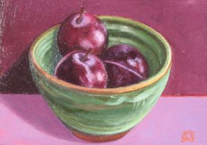 Anna Dougherty (modern British), "Plums In A Green Bowl", oil on board, 12.5cm x 17.5cm