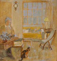 Jean Melville Rose (modern British), "A Cat And His Mistress", oil on linen, 30cm x 28cm