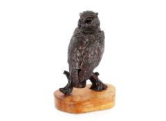 A bronze study of an owl seated on a branch, raised on wooden plinth, 29cm high overall