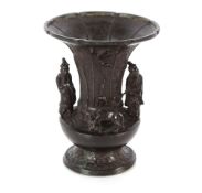 An unusual 19th Century Chinese bronze vase, the flared neck flanked by two dignitaries and a