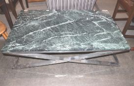 A modern design chrome and green marble top low coffee table, 130xm x 80cm