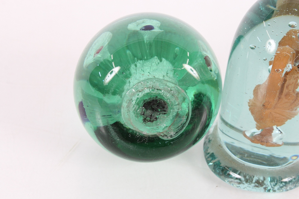 A rare Victorian green glass dump, decorated with a terracotta jug, 10cm high; and a floral glass - Image 4 of 5