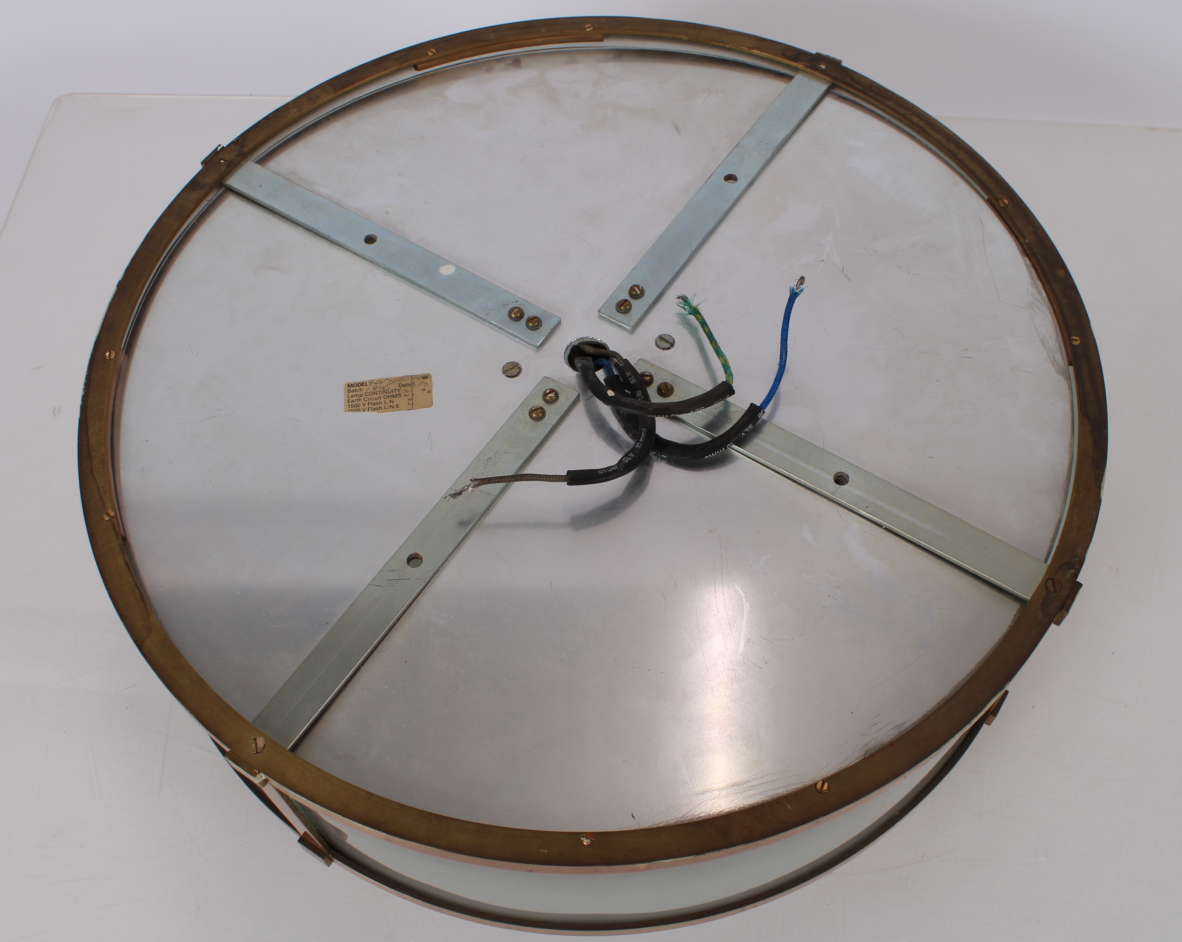 A pair of brass and opaque glass Art Deco design circular ceiling lights, 46cm dia. - Image 2 of 2