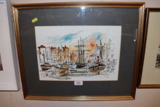 D. Hughes, pen and watercolour harbour scene, poss