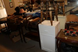 An elm stool AF and a white painted bedside cupboa