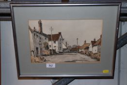 John Sharman, watercolour of a village street scen