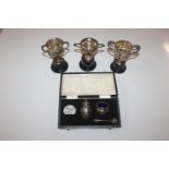 Three silver trophy cups and a part cruet set, we