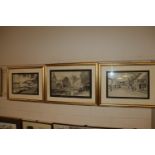 Three framed and glazed pen and ink studies depict