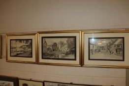 Three framed and glazed pen and ink studies depict
