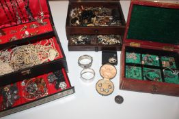 Two jewellery boxes and a wooden box containing va