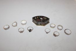 Ten silver rings, approx. 29gms and a cloisonné bo