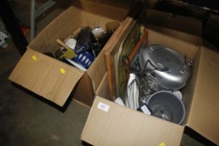 Two boxes of kitchenalia, Bush radio etc.