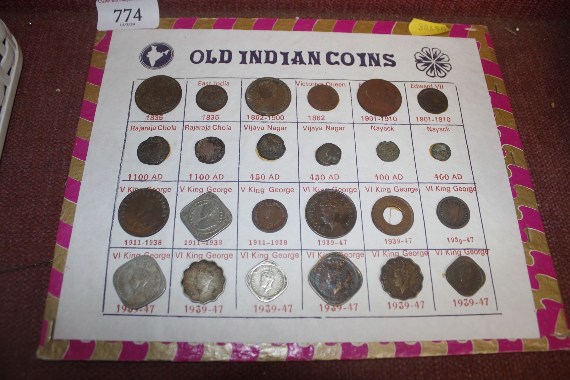A small collection of old Indian coins on a card