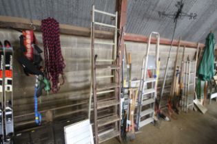 A single aluminium step ladder and a set of wooden