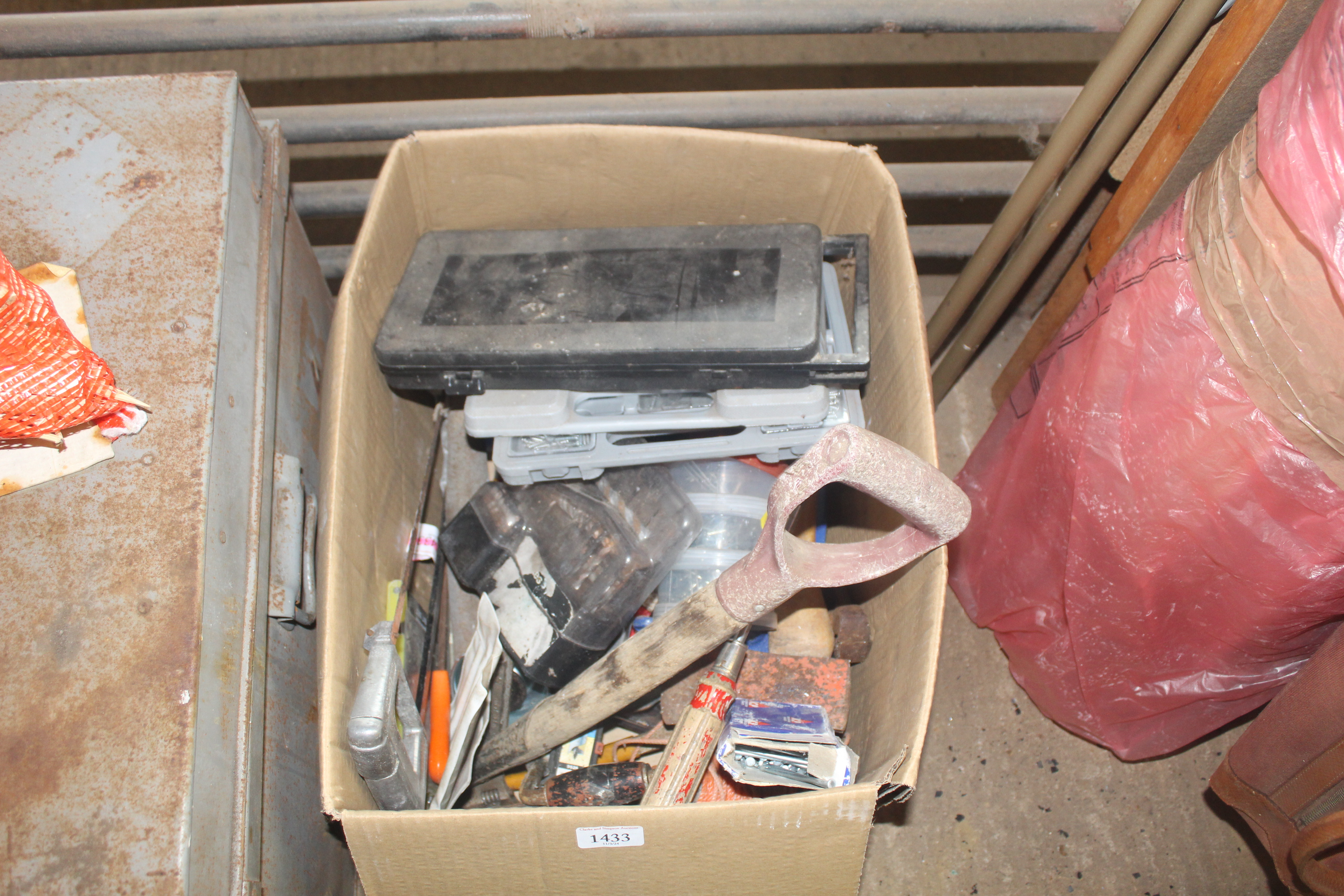 A box containing a quantity of tools, a cased dril