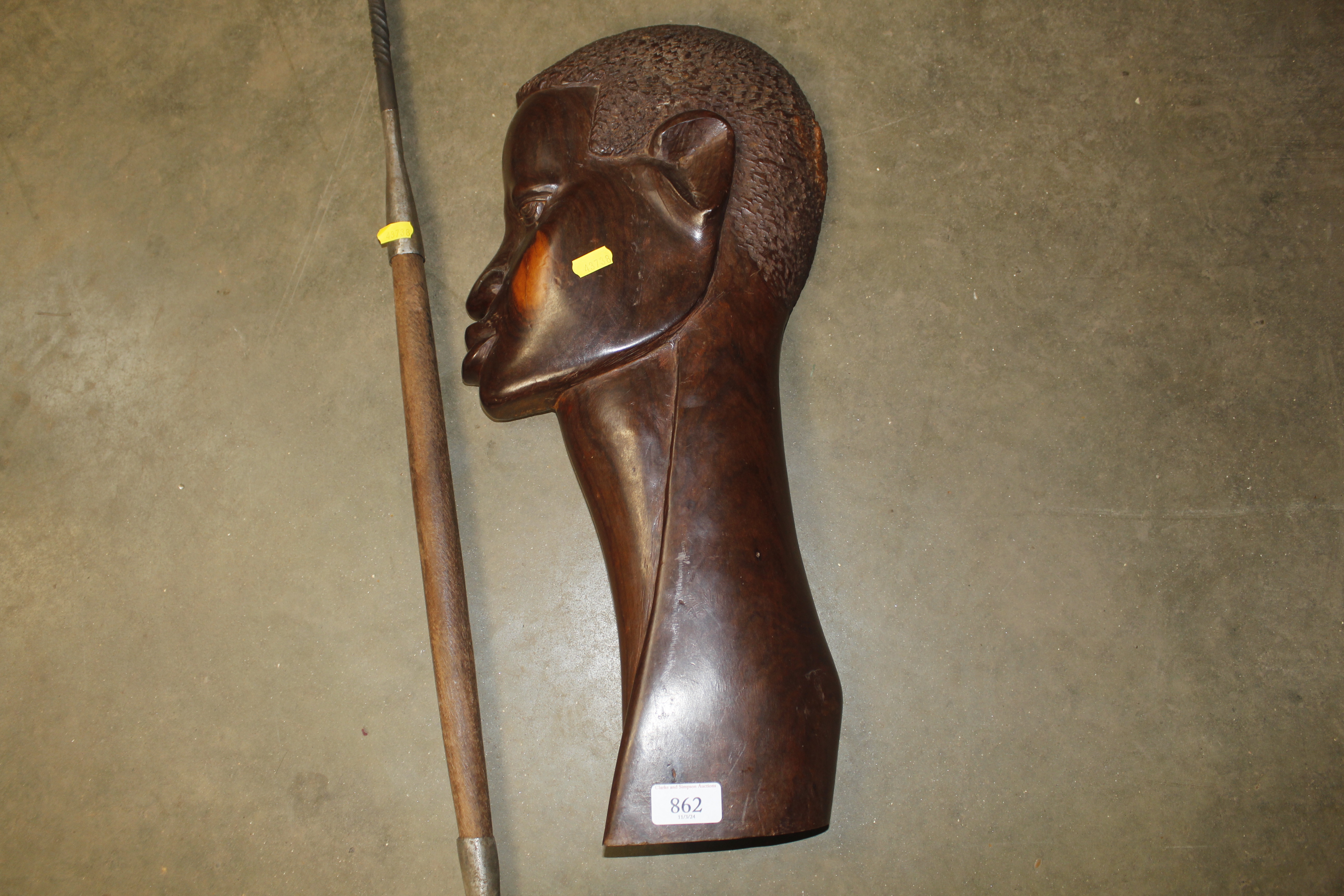A carved African hardwood head and an ethnic spear - Image 2 of 4