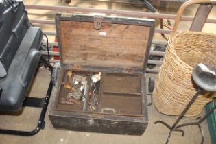 A wooden carpenters tool box and contents of vario