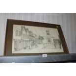 A pencil sketch of a village street scene