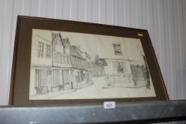 A pencil sketch of a village street scene