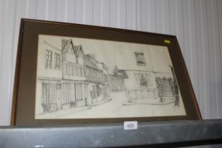 A pencil sketch of a village street scene