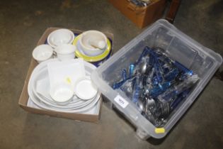 Two boxes of various ramekins, cutlery etc