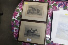 Two black and white prints depicting race horses