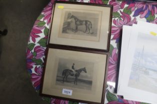 Two black and white prints depicting race horses