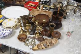A quantity of various brassware, wooden candle hol