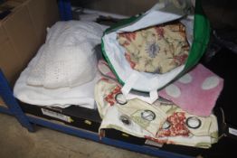 Two boxes of miscellaneous textiles including curt