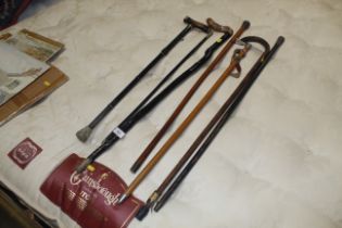 A collection of various walking sticks including a