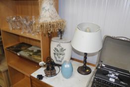 A pottery bowl, table lamp, an oak barley twist la