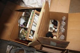 A box of miscellaneous chemistry items