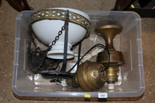 Two brass oil lamps (converted) and a pendant ceil