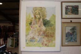 Watercolour study, female seated in garden setting