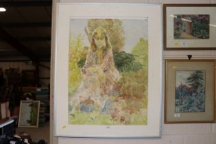 Watercolour study, female seated in garden setting