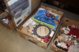 A box containing a wooden train set