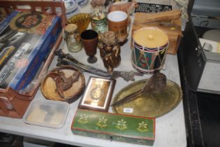 A collection of wooden and metal ware to include s